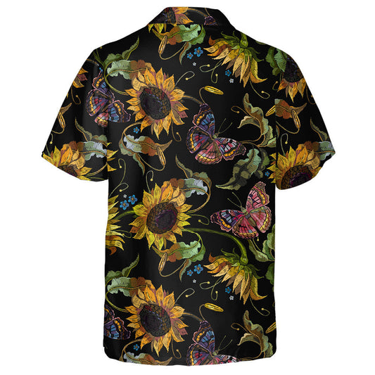 Awesome Embroidery Sunflowers And Butterflies On Black Background Hawaiian Shirt, Hawaiian Shirt Gift, Christmas Gift