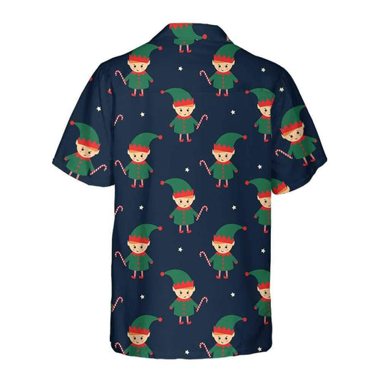 Cartoon Cute Elf With Candy Cane Navy Backdrop Hawaiian Shirt, Hawaiian Shirt Gift, Christmas Gift