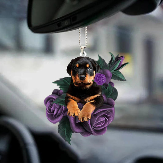Rottweiler In Purple Rose Car Hanging Ornament, Christmas Decoration
