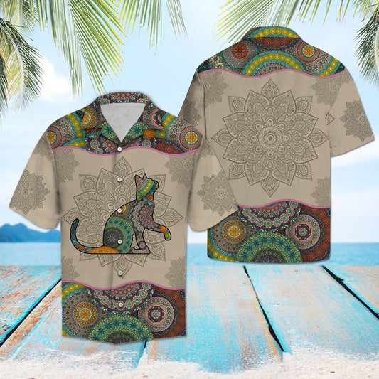 Brown Background Playful Cat Mandala Flower Patchwork Pattern Hawaiian Shirt, Hawaiian Shirt Gift, Christmas Gift