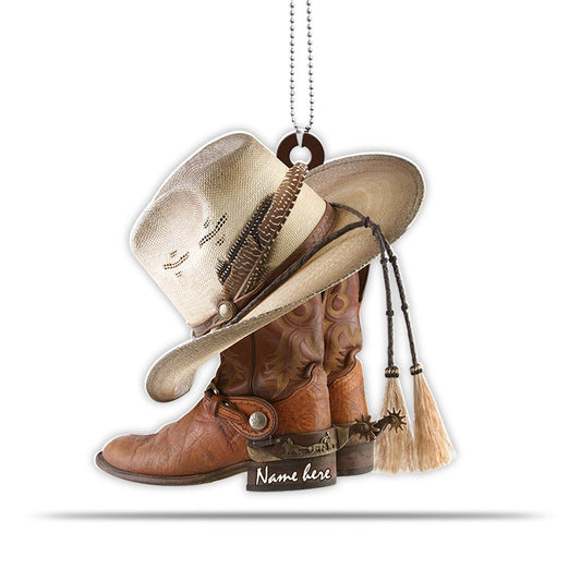 Personalized Boots And Hat Cowboy Flat Acrylic Ornament, Cowboy Car Interior Mirror Hanging Ornament, Christmas Decoration