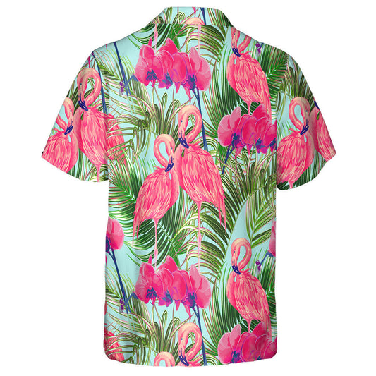 Tropical Palm Leaves And Orchid With Couple Flamingo Hawaiian Shirt, Hawaiian Shirt Gift, Christmas Gift