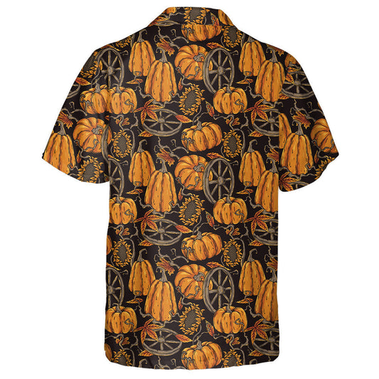 Halloween Pattern With Pumpkin Sunflower Wheel And Orange Foliage Hawaiian Shirt, Hawaiian Shirt Gift, Christmas Gift
