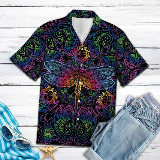 Bright Neon Dragonfly With Flowers Hawaiian Shirt, Hawaiian For Gift