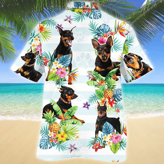 Miniature Pinscher Dog Tropical Flower And Leaves Pattern Hawaiian Shirt, Hawaiian Shirt Gift, Christmas Gift