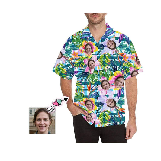 Smile Face Blue Stripes Tropical Flowers Custom Photo Hawaiian Shirt, Hawaiian Shirt Gift, Christmas Gift