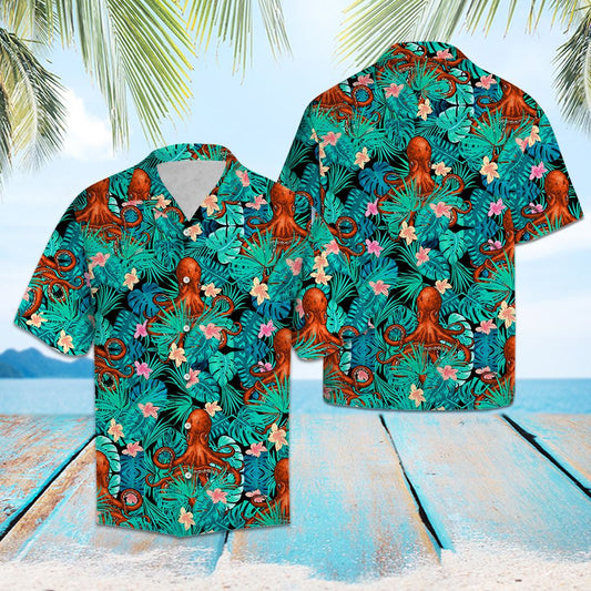 Awesome Sea Animal Octopus Tropical Plant Pattern Hawaiian Shirt, Hawaiian Shirt Gift, Christmas Gift