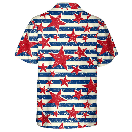 Retro Style American Red Star Blue Stripes Pattern Hawaiian Shirt, Hawaiian Shirt Gift, Christmas Gift