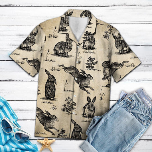 Vintage Rabbit Poses On Ground Hawaiian Shirt, Hwaiian For Gift