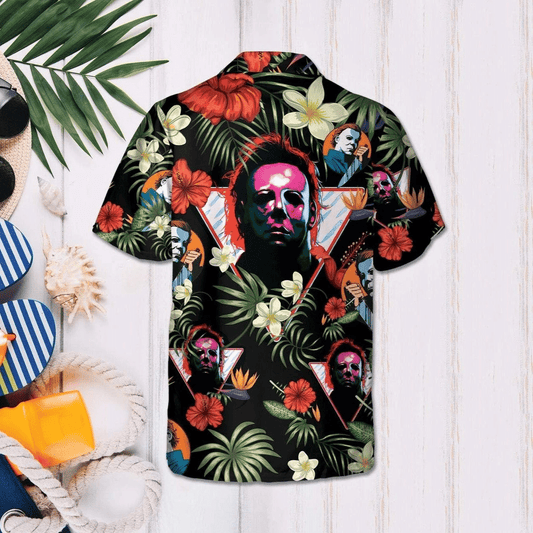 Halloween Scary The Shape Horror Killer Tropical Background Hawaiian Shirt, Hawaiian Shirt Gift, Christmas Gift