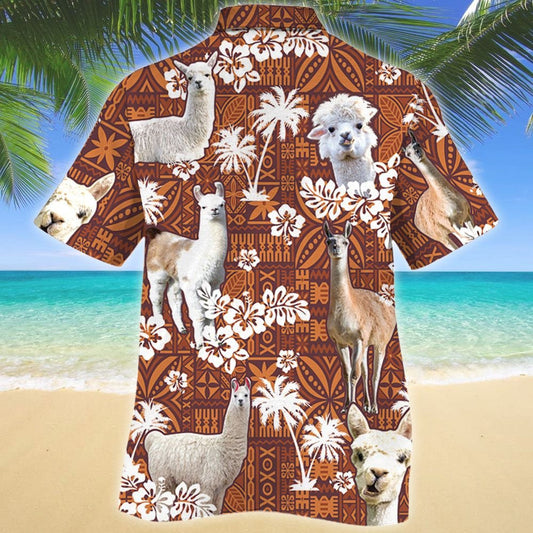 Funny Llama And White Hibiscus On Brown Tribal Pattern Hawaiian Shirt, Hawaiian Shirt Gift, Christmas Gift