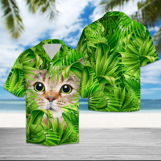 Cute Cat Hiding Green Leaves Hawaiian ShirtHawaiian Shirt Gift, Christmas Gift