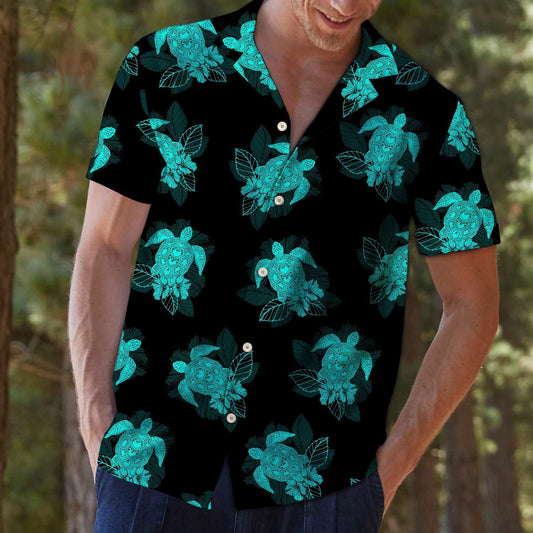 Turtle Dark Turquoise And Black Design Hawaiian Shirt, Hawaiian For Gift