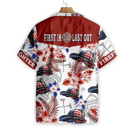 American Flag Helmet Firefighter Seamless Pattern Design Hawaiian Shirt, Hawaiian Shirt Gift, Christmas Gift