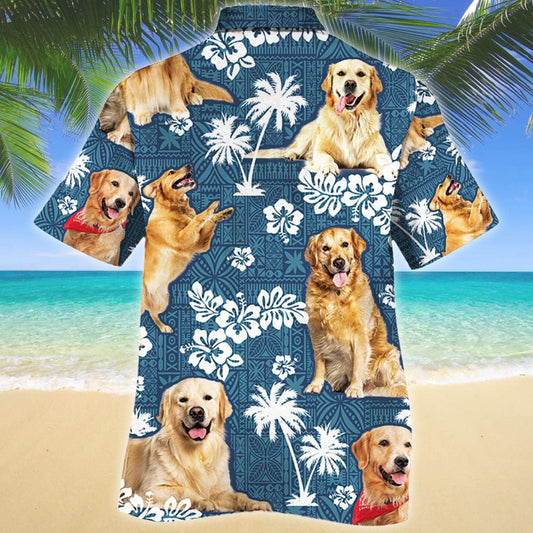 Attractive Design Golden Retriever Dog Blue Tribal Pattern Hawaiian Shirt, Hawaiian Shirt Gift, Christmas Gift