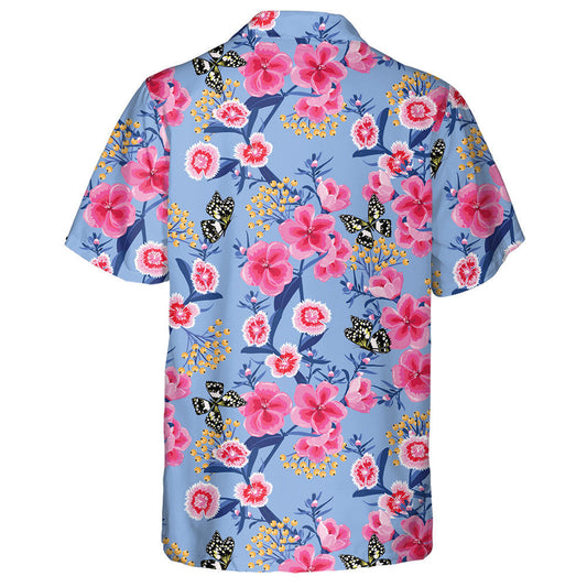 Spring Theme Sweet Blooming Pink Meadow And Butterfly Hawaiian Shirt, Hawaiian Shirt Gift, Christmas Gift