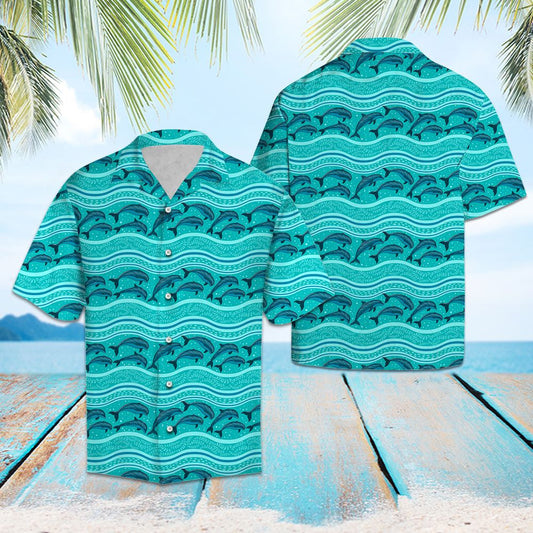 Teal Blue Jumping Dolphin Ocean Wave Pattern Hawaiian Shirt, Hawaiian Shirt Gift, Christmas Gift