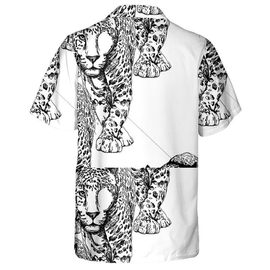 Sketch Of A Walking Leopard Black And White Illustration Hawaiian Shirt, Hawaiian Shirt Gift, Christmas Gift