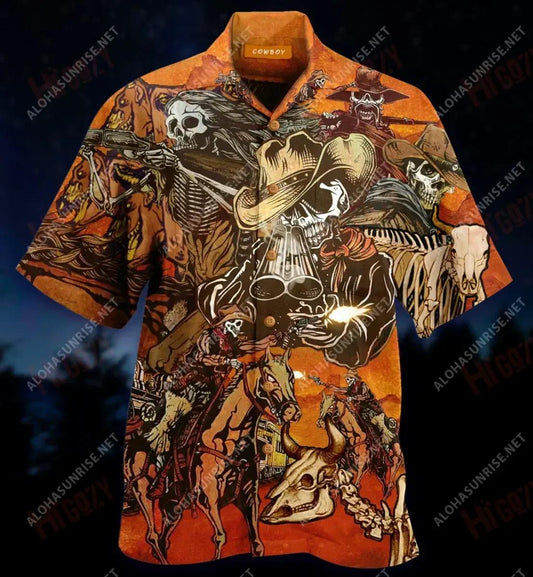 Skull Cowboy Graving Livestock Short Hawaiian Shirt Summer Hawaiian T Shirts Custom Hawaiian Shirts Hawaiian Shirt Pattern, Hawaiian Shirt Gift, Christmas Gift
