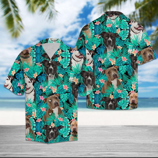 Lovely Pit Bull On Leaves Design Hawaiian Shirt,Hawaiian Shirt Gift, Christmas Gift