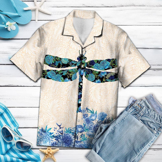 Abstract Blue Flower Dragonfly Insect On Beige Hawaiian Shirt, Hawaiian Shirt Gift, Christmas Gift