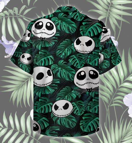 Funny Jack Skellington Pattern With Tropical Green Leaves Hawaiian Shirt, Hawaiian Shirt Gift, Christmas Gift