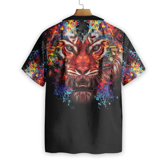 Vibrant Tiger Head Portrait On Black Themed Hawaiian Shirt, Hawaiian Shirt Gift, Christmas Gift