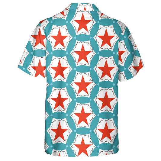 Red Stars In The Center Of Blue Circle Pattern Hawaiian Shirt, Hawaiian Shirt Gift, Christmas Gift