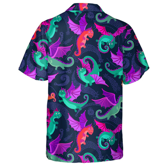 Cartoon Little Flying Dragons On Dark Blue Background Hawaiian Shirt, Hawaiian Shirt Gift, Christmas Gift