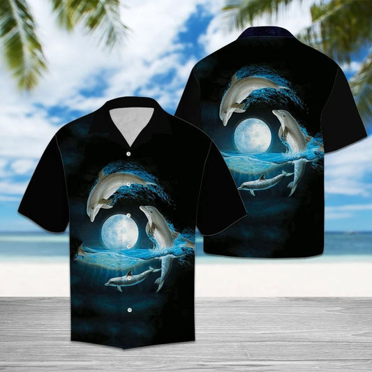Dolphin Jumping Over Ocean Under The Moonlight Design Hawaiian Shirt, Hawaiian Shirt Gift, Christmas Gift