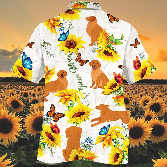Golden Retriever Dog Playing With Sun Flower And Butterfly Hawaiian Shirt, Hawaiian Shirt Gift, Christmas Gift