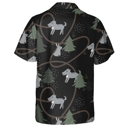 Grey Hares And Wolf In The Forest Black Background Hawaiian Shirt, Hawaiian Shirt Gift, Christmas Gift