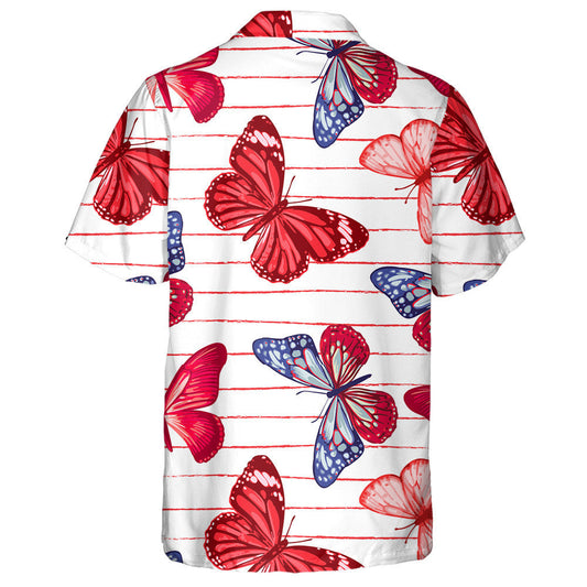 Theme Red And Blue Butterflies On A Red Strip Hawaiian Shirt, Hawaiian Shirt Gift, Christmas Gift
