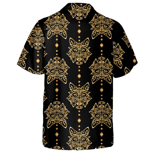 Golden Wolf Head Stylized Maori Face Tattoo Hawaiian Shirt, Hawaiian Shirt Gift, Christmas Gift