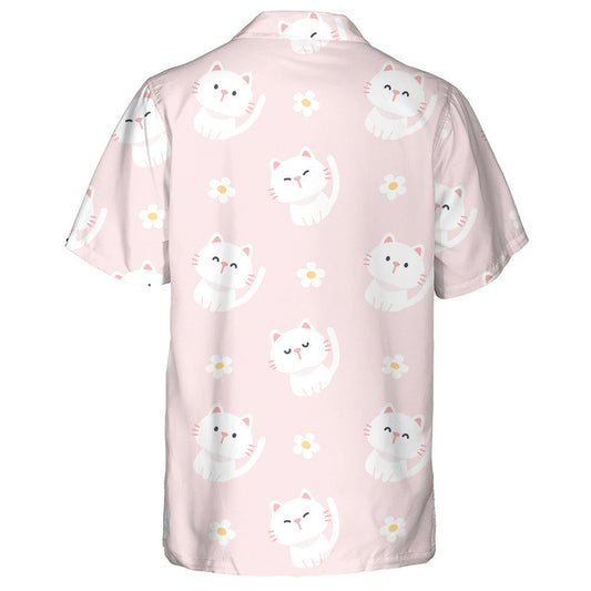 Cute Cat And White Flowers In Cartoon Style Hawaiian Shirt, Hawaiian Shirt Gift, Christmas Gift