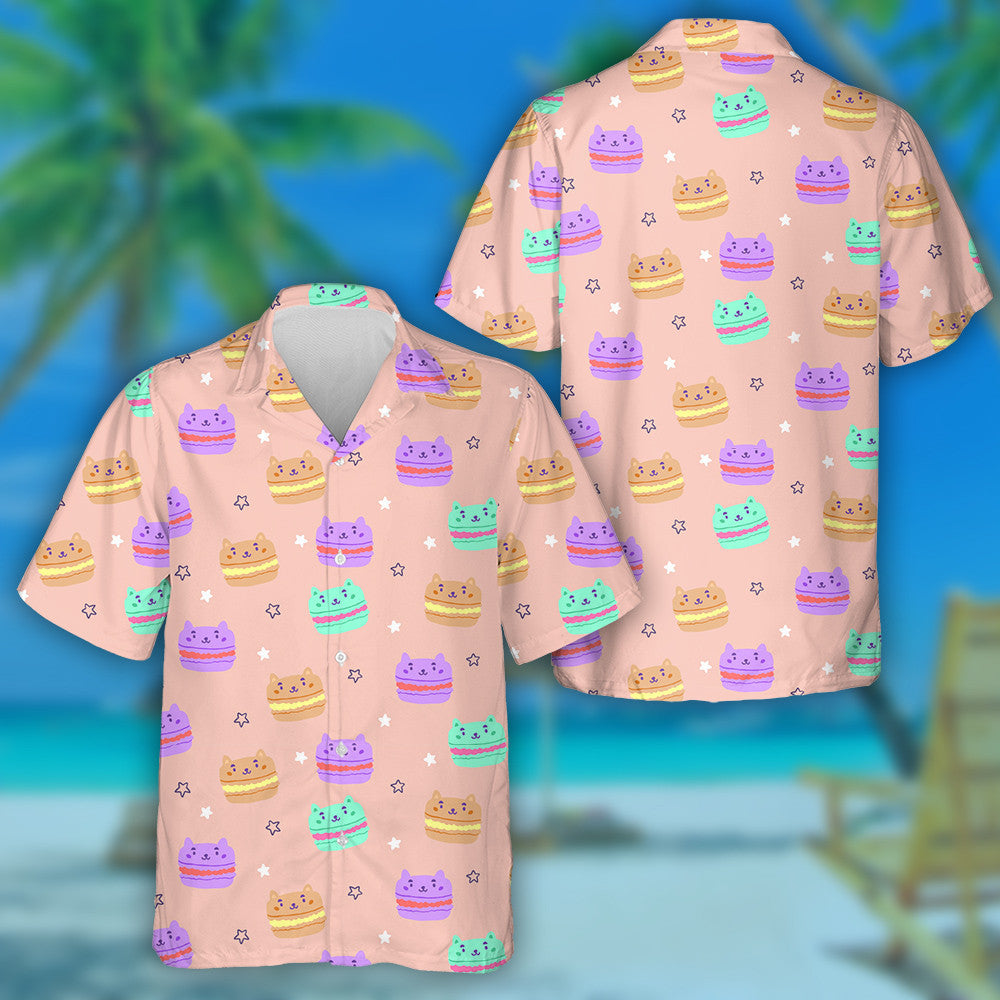 Sweets Cat Macarons And Stars On Pink Hawaiian Shirt,Hawaiian Shirt Gift, Christmas Gift