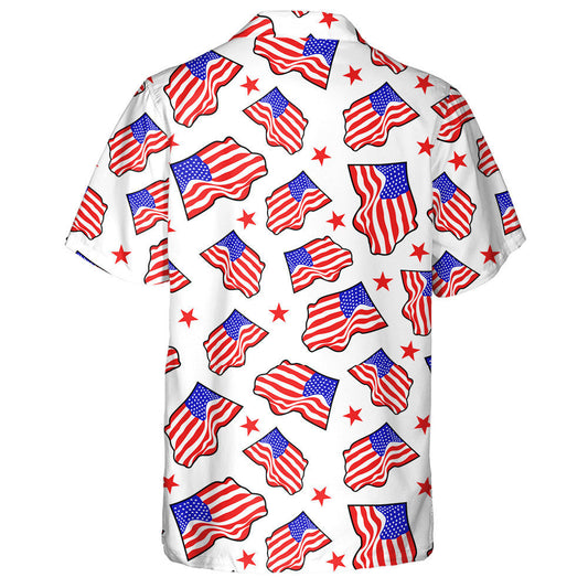 Curve American Flag And Red Stars On White Backdrop Hawaiian Shirt, Hawaiian Shirt Gift, Christmas Gift