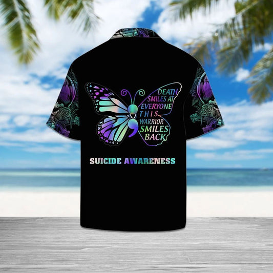 Suicide Prevention Awareness Butterfly And Skull On Black Pattern Hawaiian Shirt, Hawaiian Shirt Gift, Christmas Gift