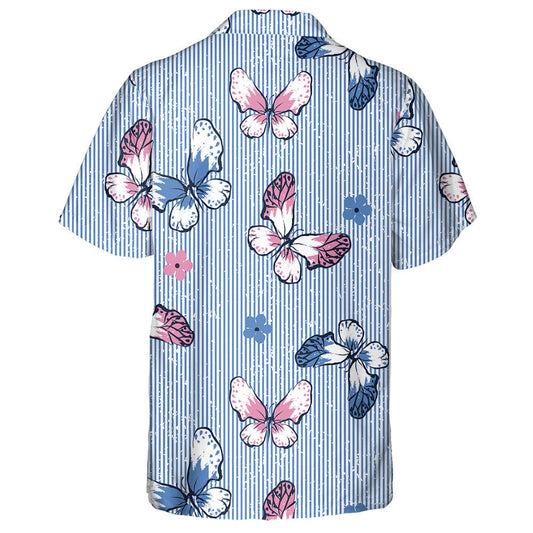 Theme Butterfly And Flowers On Blue Stripes Hawaiian Shirt, Hawaiian Shirt Gift, Christmas Gift