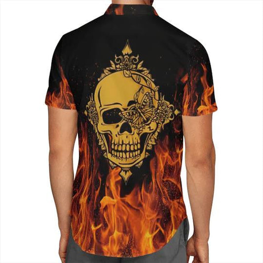 Flaming Golden Poker Skull With Playing Card Pattern Hawaiian Shirt, Hawaiian Shirt Gift, Christmas Gift