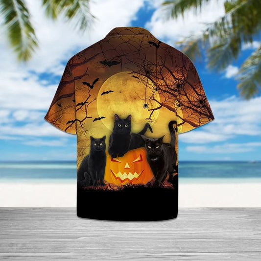 Black Cat Group And Pumpkin Halloween Moonlight Themed Hawaiian Shirt, Hawaiian Shirt Gift, Christmas Gift