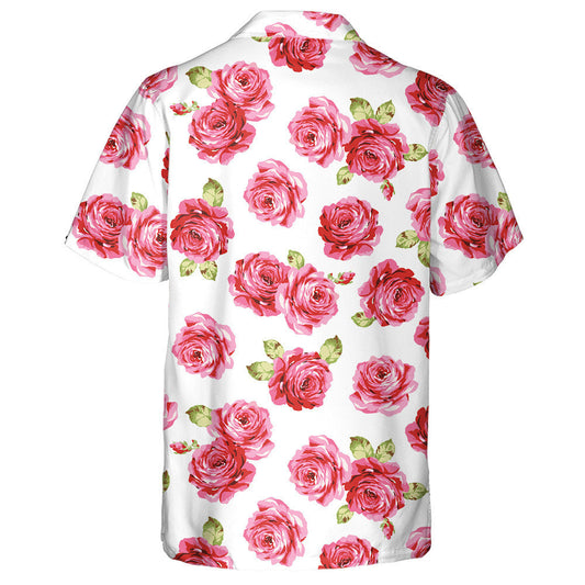 Watercolor Pink Roses Green Leaves Pattern White Theme Hawaiian Shirt, Hawaiian Shirt Gift, Christmas Gift