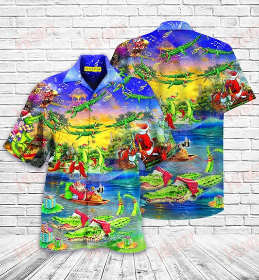 Santa Riding Alligator Short Hawaiian Shirt Summer Short Sleeve Custom Hawaiian Shirts Hawaiian Shirts For Women, Hawaiian Shirt Gift, Christmas Gift