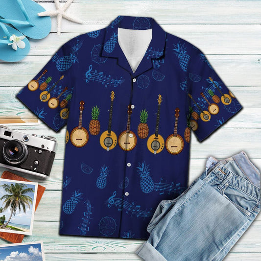 Vintage Banjo Musical Instrument Pattern Hawaiian Shirt, Hwaiian For Gift