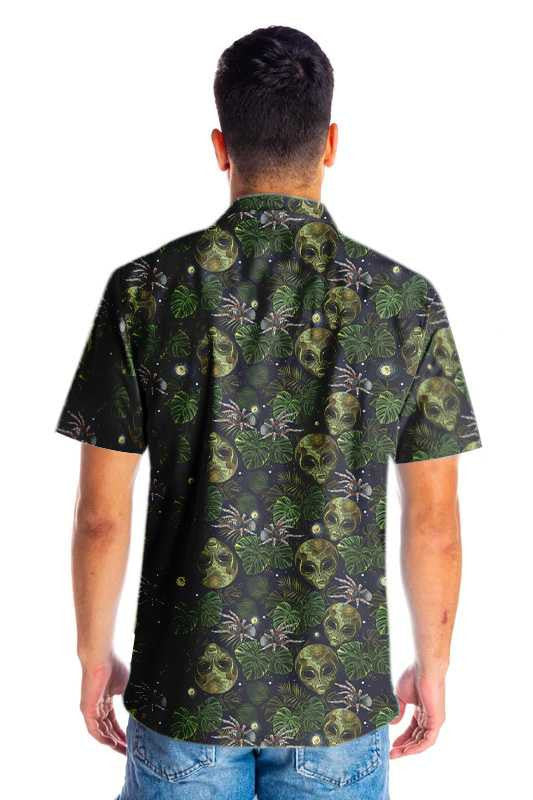 Cool Design Hawaiian Shirt Alien And Spider In Night Tropical Forest, Hawaiian Shirt Gift, Christmas Gift