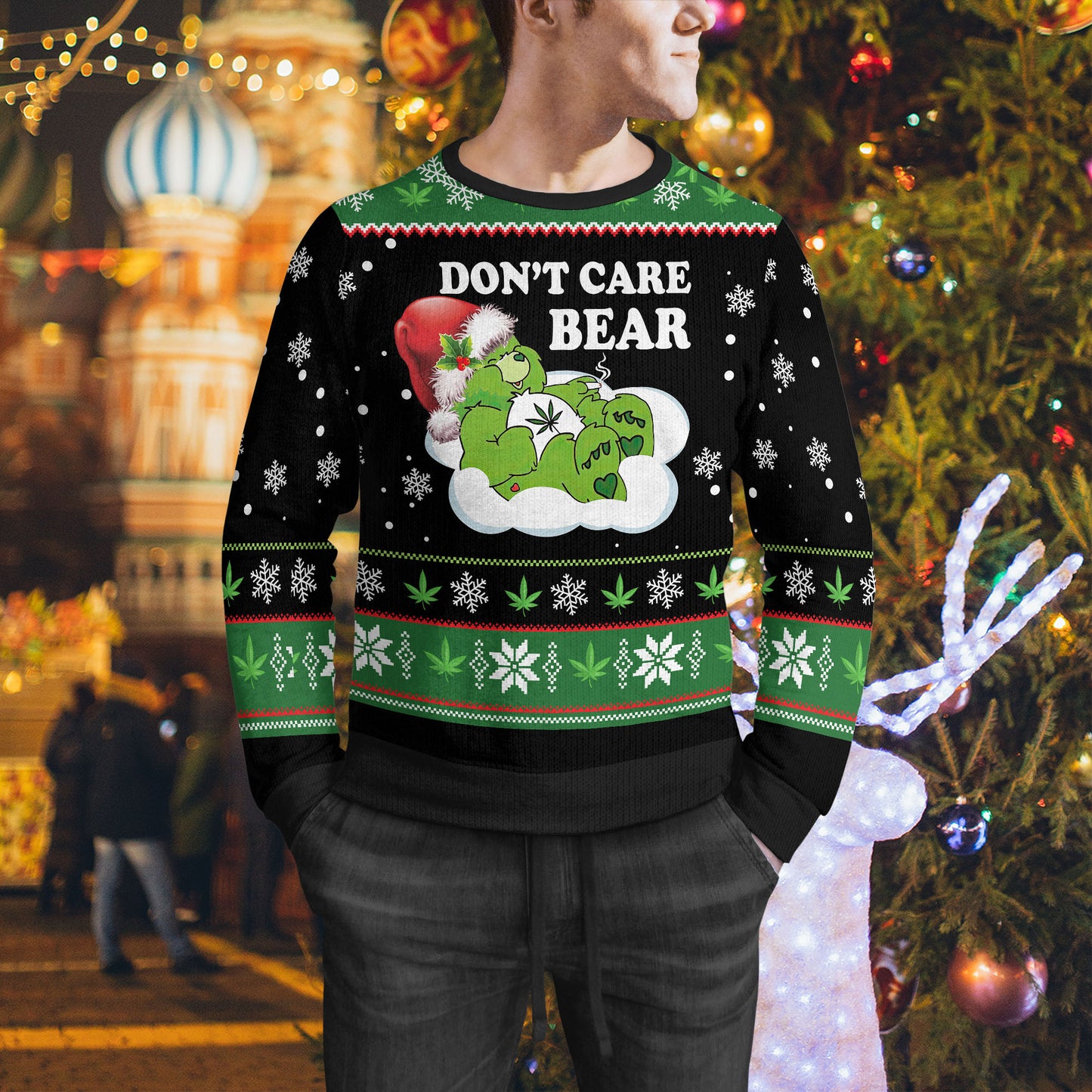 Christmas Weed Don't Care Bear Ugly Sweater Funny Christmas Sweater Gift Idea For Men & Women