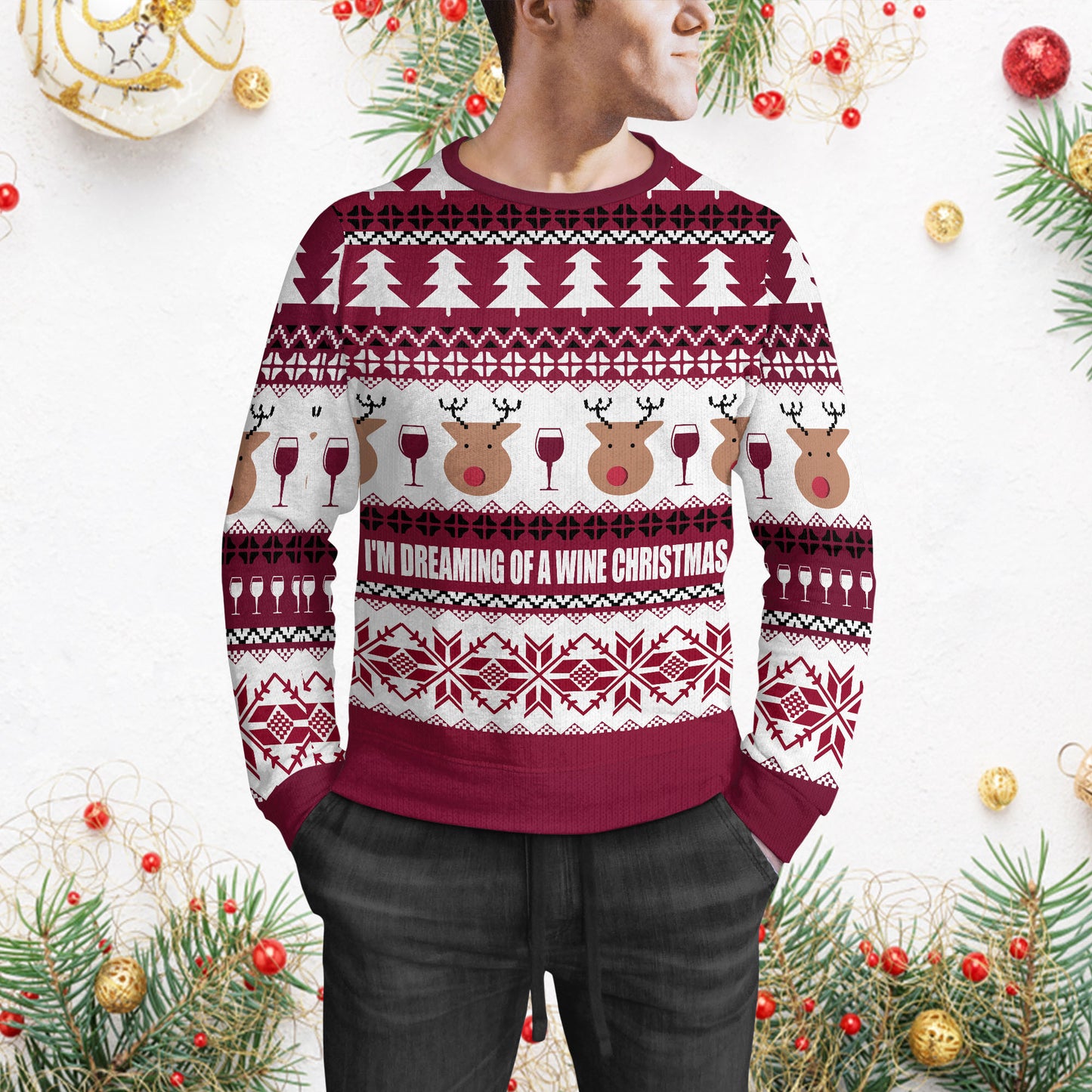 Funny I'm Dreaming Of A Wine Christmas Sweater For Men & Women, Cartoon And Chevron Pattern Sweater, Funny Christmas Sweater Family Gift Idea