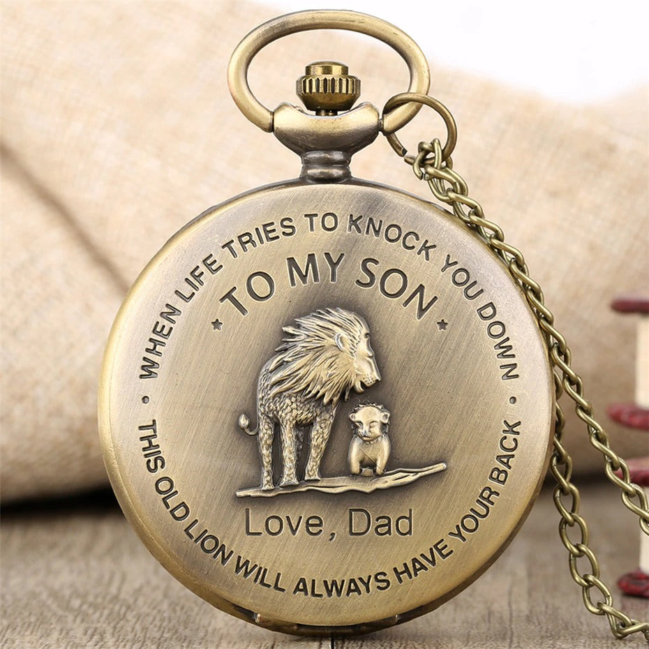 To My Son Theme Pocket Watch Bronze Necklace Chain Gifts for Kids Lion
