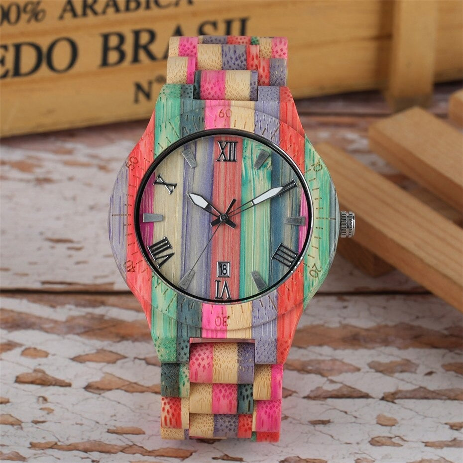 Creative Colorful Wood Watch Lady Quartz Wooden Wristwatches Unique Wood Men Watch Minimalist Display Man Clock