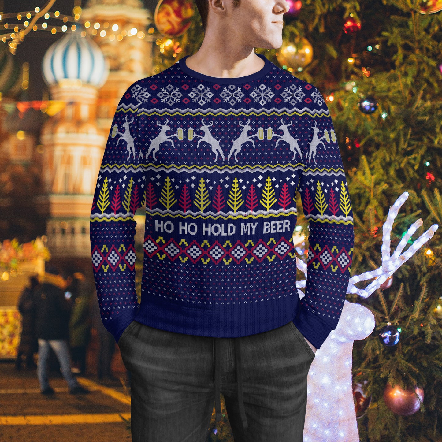 Ho Ho Hold My Beer Xmas Sweater, Funny Reindeer Drinks Beer Xmas Ugly Sweater, Merry Christmas Family Sweater Gift Idea